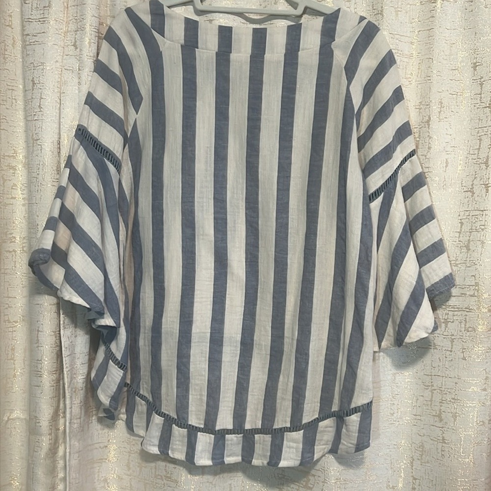 Listicle Striped Bell Sleeve Blouse Women S Blue White Boho Cotton Beachy Relax - Picture 2 of 10
